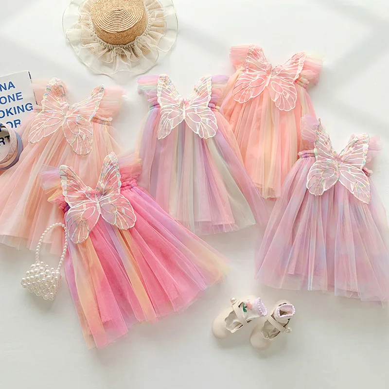 Rainbow Color Kids Sleeveless Tulle Dress for Girls