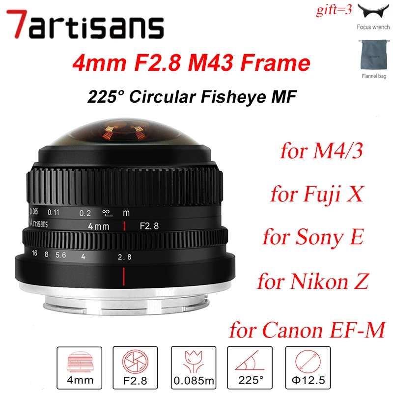 7 Artigiani 7 Artigiani 4Mm F2.8 225 ° Circolare M43 Cornice Fisheye Mf Prime Lens Per Sony E Fuji X Micro 4/3 Canon Eos-Fotocamere