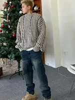 American Retro Mixed Color Stripe Knitted Sweater Lazy High-End Men's Cleanfit Design round Ne Pullover Home Travel Casual