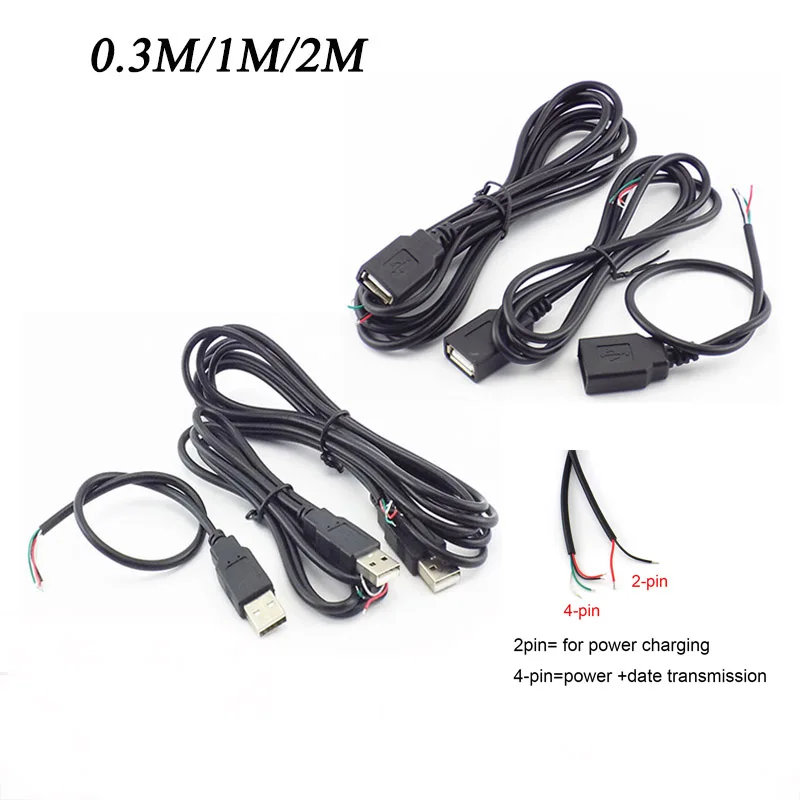 USB 커넥터 수 암 케이블, 4 핀 와이어, 데이터 케이블 익스텐션 코드, 2 핀 전원 공급 장치, DIY 5V 어댑터 충전, 0.3m, 1m, 2m