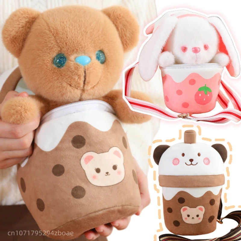 Kawaii 20Cm Milk Tea Transform Animal Plush Doll Borsa A Tracolla Brown Pink Boba Cup Transform Bear Bunny Peluche Per Ragazze Regalo