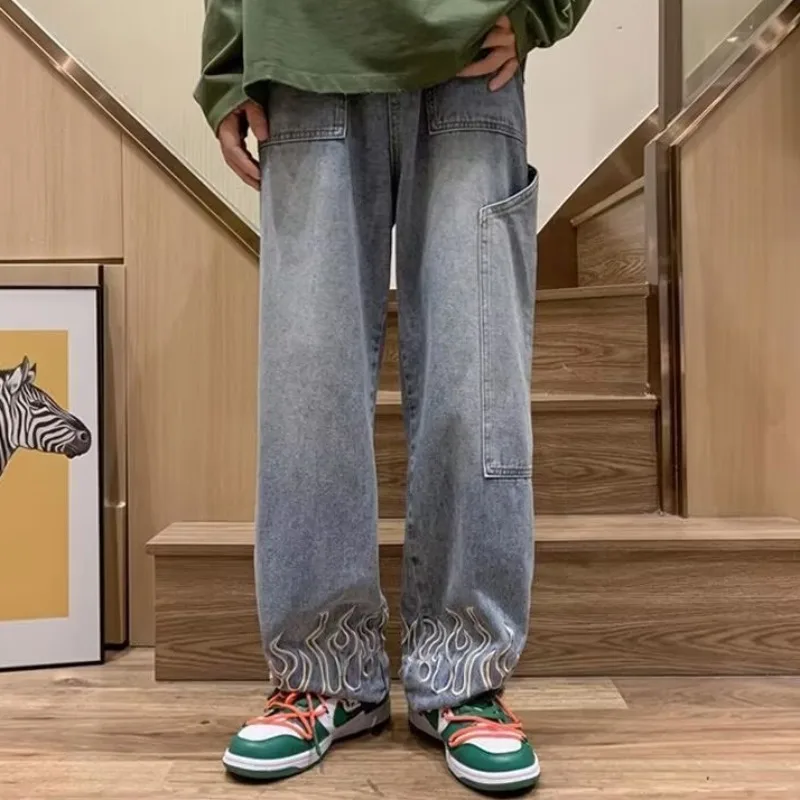2024 Flame Embroidered Men's Off Duty Loose Wide Leg Jeans Straight Wide Leg Personalized Youth Casual Denim Trousers Men's 4