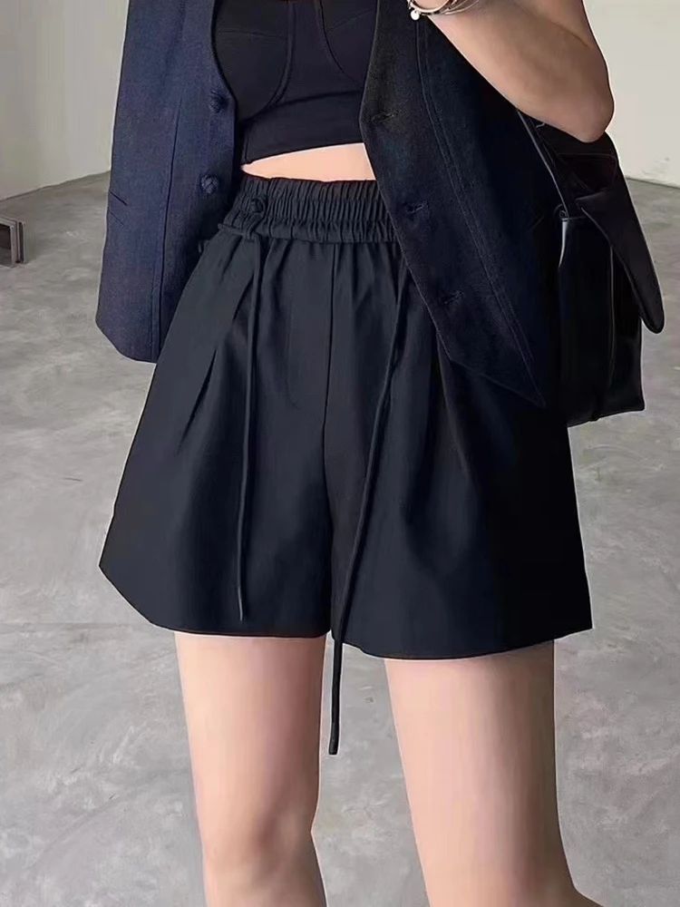 [LANMREM] Minimalism Drawstring High Wait Shorts For Women Solid Casual Loose Casual Clothes Fashion 2024 Summer New 26D8885