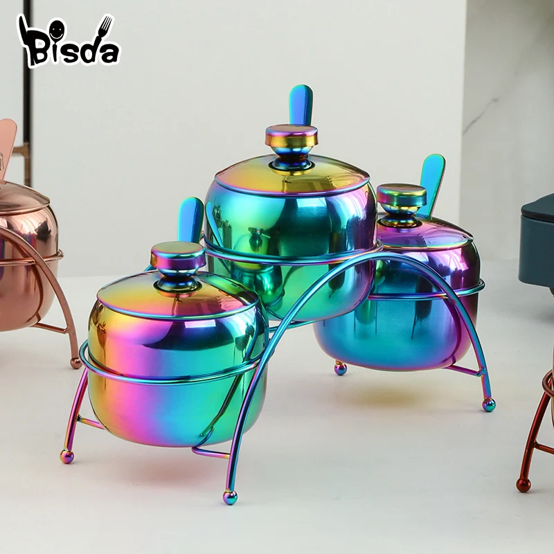 Bisda Stainless Steel Seasoing Can Gift Spoon Salt Container Lid Holder Rack Pepper Jar Spice Storage Tank Party Kitchen seasoning container