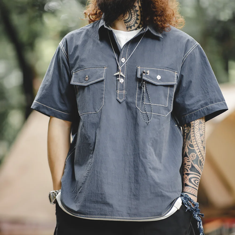 Рубашка мужская с коротким рукавом и карманом, свободного покроя