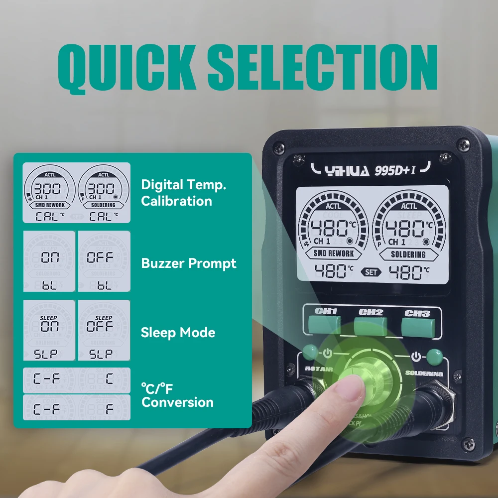 YIHUA 995D+I New Upgraded Nozzle Easy Plug-pull  Hot Air Rework Station 110W Soldering Iron Station with Large Digital Display 4