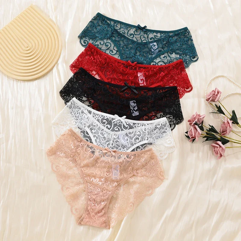 5PCS Embroidery Lace Underwear Women Briefs Hollow Out Mid Waist Plus Size Panties Perspective Comfortable Female Sexy lingerie