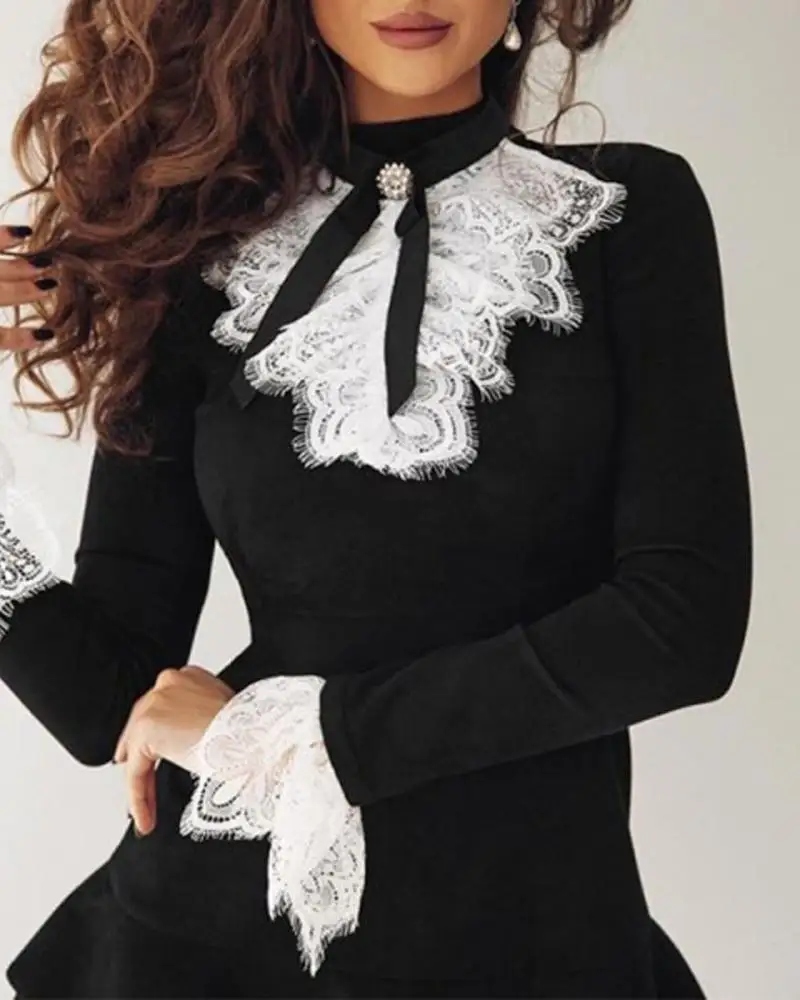 

Temperament Commuter Dresses For Women 2023 Lace Panel Long Sleeve Waisted Standing Neck Princess A-Line Women's Dresses