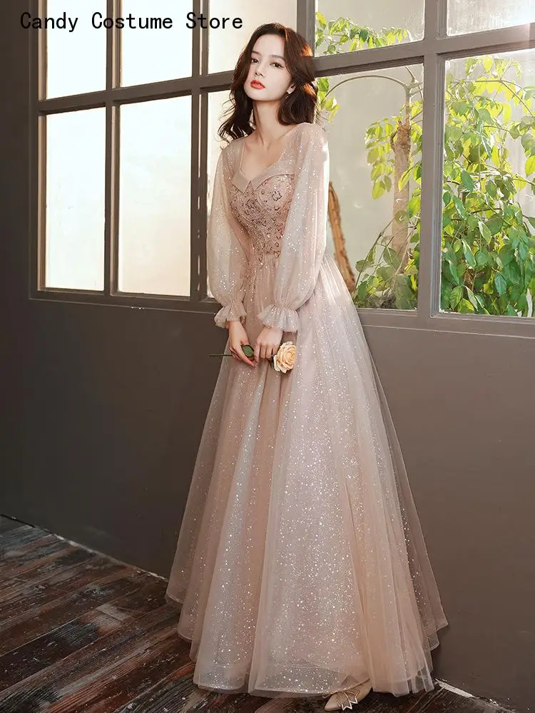 

Sequined Prom Dresses Lace Up Tulle Wedding Party Gowns French Style Square Collar Long Sleeve Long Evening Dress Beading