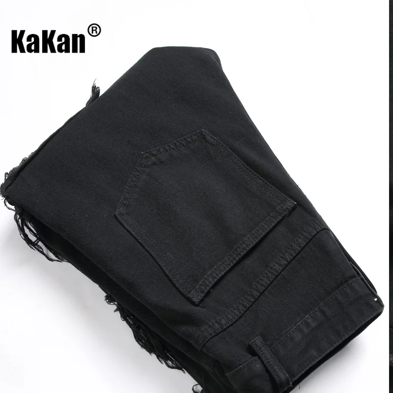 Kakan - European and American New Casual Slim Fit Small Foot Elastic Straight Leg Jeans for Men, Black Scratched Long Jeans9-010