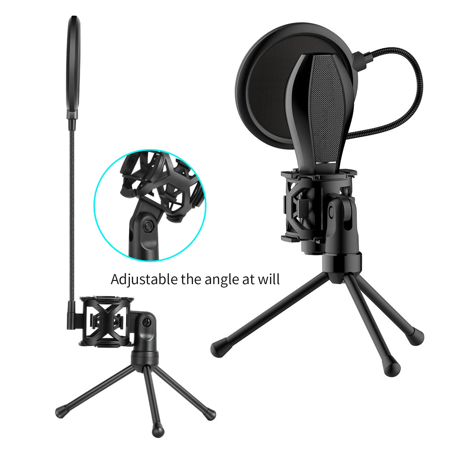 Desktop Microphone Tripod Stand Foldable Mic Stand with Shock Mount for Podcasts Internet Chat Meetings Lectures Online Show