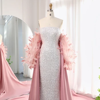 Luxury Feathers White Sequined Mermaid Evening Dress with Cape Long Sleeves Dubai Arabic Wedding Party Dress 235 2