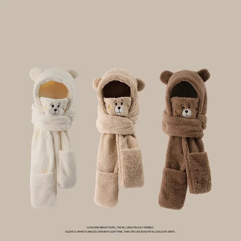 Cute Bear Ears Hat Scarf All-in-one Hat For Women Winter Plush Thickened Warm Ear Protection Scarf 4-piece Set 3