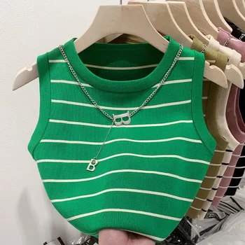 صدرية جديدة ملابس نسائية مخططة بحافة واسعة قميص صيفي قصير متماسك بدون أكمام 4