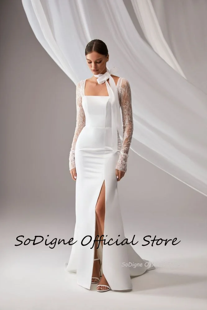 SoDigne Mermaid Elegant Wedding Dress Square Collar Full Sleeves Satin/Lace Bride Dresses Split Bridal Gown Vestido De Noiva 12 S82c63ff2762a43d6a140f1bbab13d934E