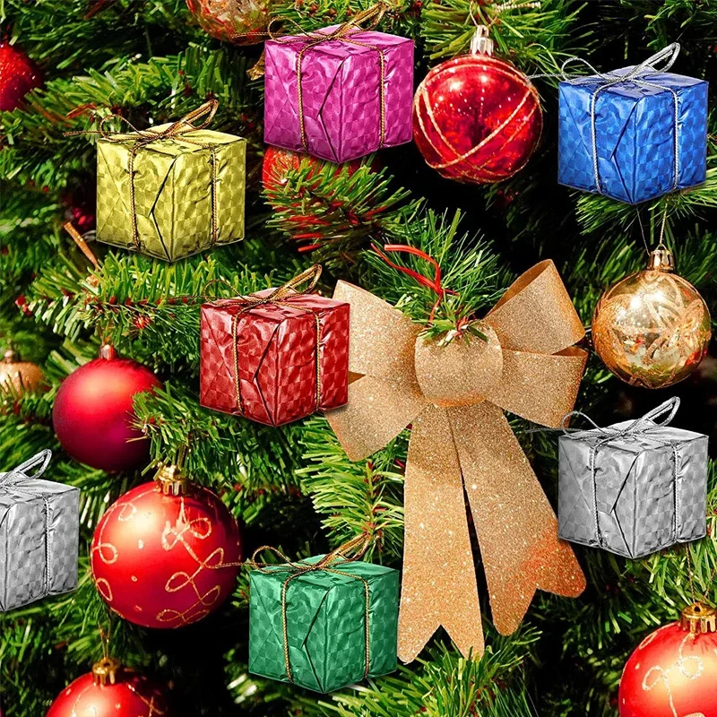 Set 24 Mini Scatole Regalo Di Natale In Tessuto Quadrettato - Decorazioni Per Albero Con Corda Appendino - 2,5 Cm Lato