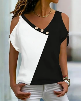 Women's T-Shirt Black White Color Block V-neck Cold Shoulder Short Sleeve Top Button Detail Spring Summer Loose Fit Casual Top 1