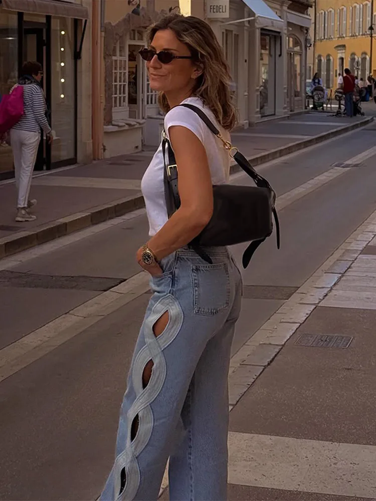 Y2k Fashion Hollow Out Female Jeans Chic Pockets Zipper Wide Leg Denim Pant Blue Lady Summer Streetwear 2026 New Commute 2