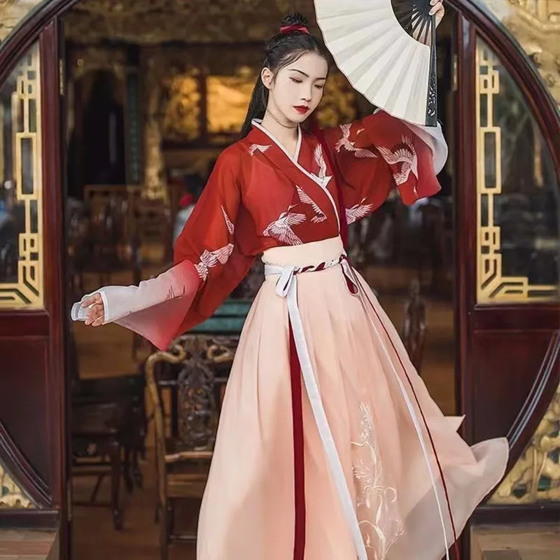 Modern Chinese Style Hanfu Ming Dynasty Improvement Traditional Dress Red Costume Woman Girl Gules Coat Skirt Set Dance Wear womens modern ballroom contemporary lyrical dance performance costume sleeveless ruffled asymmetrical hem dress dancewear