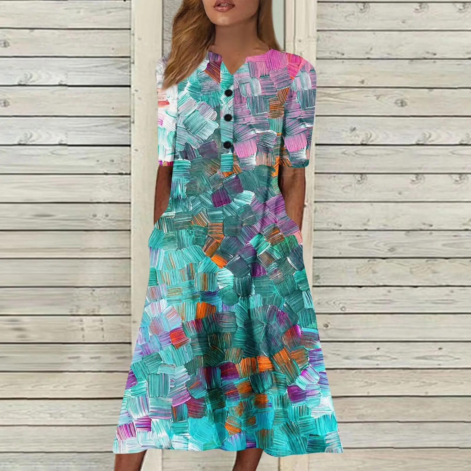 Floral Print V Neck Short Sleeve Knee Length Dress for Women