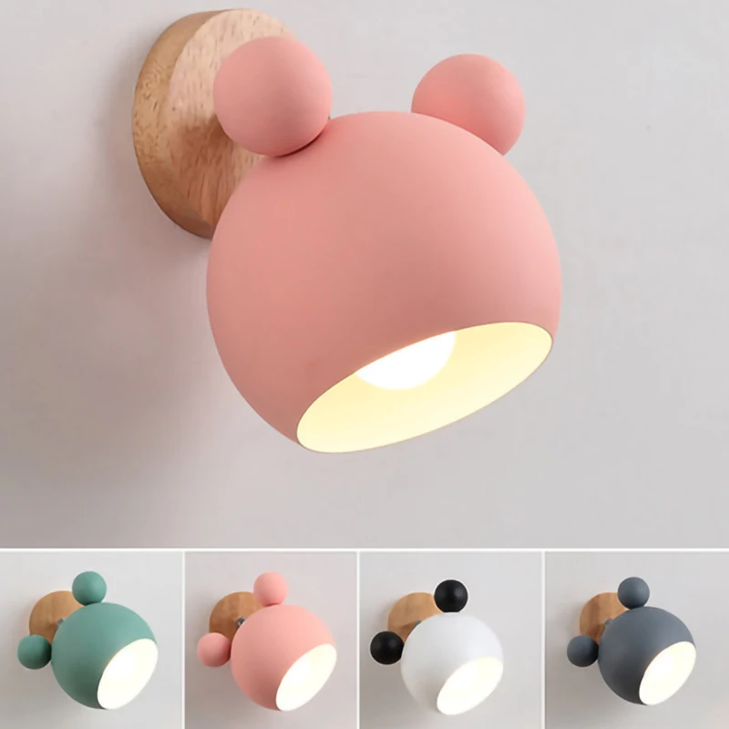 

Nordic Minimalist Children Cartoon Wall Lamp Wooden Base Simple Personality Macaron Wall Lamps Children Room Decoration Lighting