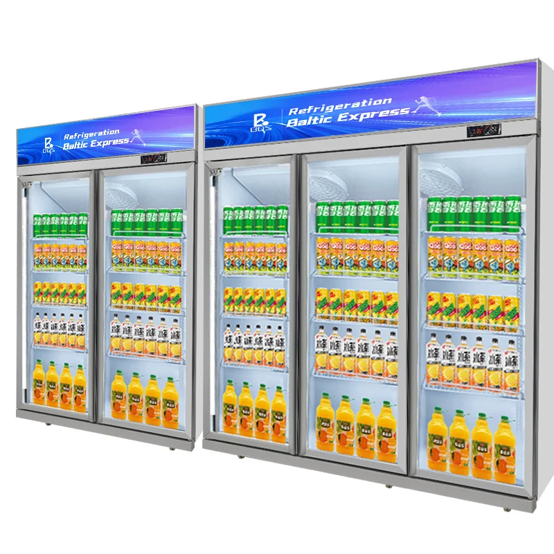 Commercial Supermarket Fruit Dink Display Fridge Two Glass Door Vertical Freezer Bar And Canteen Glass Door Display Cooler
