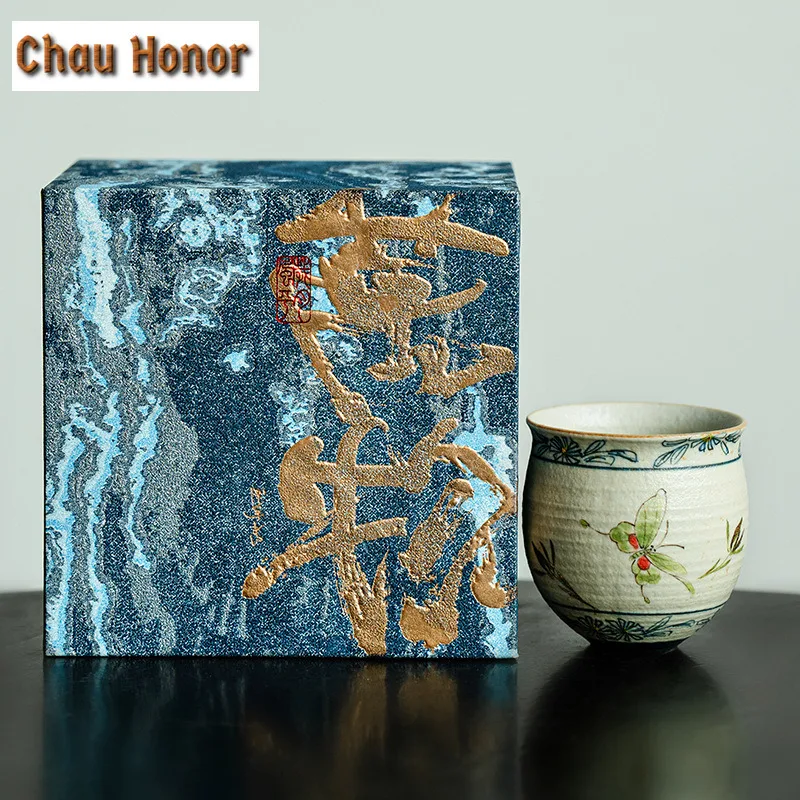 90ml High-end Blue And White Flint Red Teacup Handmade Gold Drawing Butterfly Orchid Master Cup Personal Egg Shape Coffee Mug