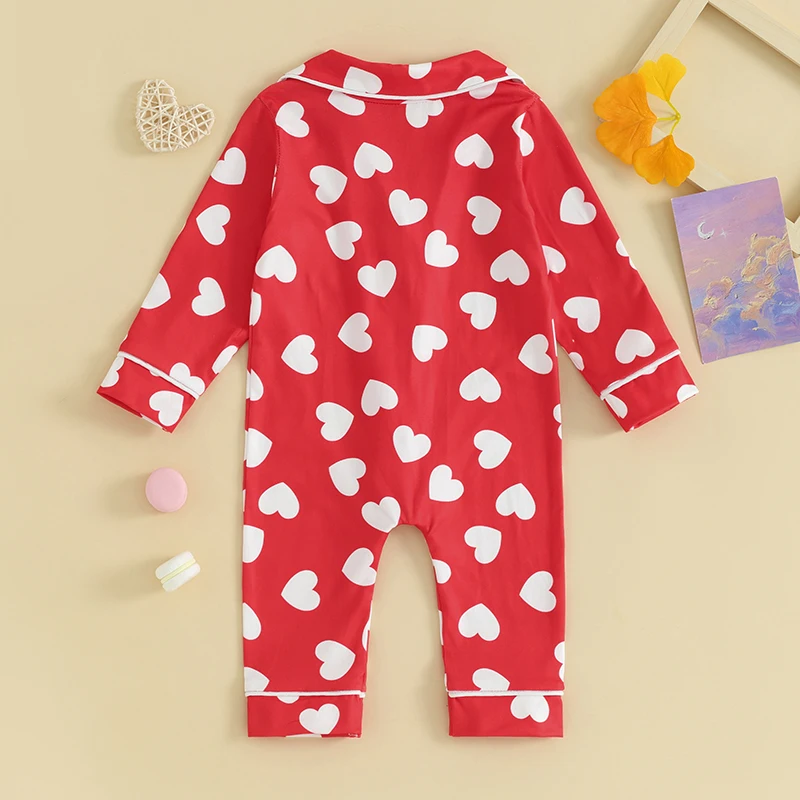 Newborn Baby Boys Girls Pjs Jumpsuits Long Sleeve Heart Print Button Up Rompers Pajamas