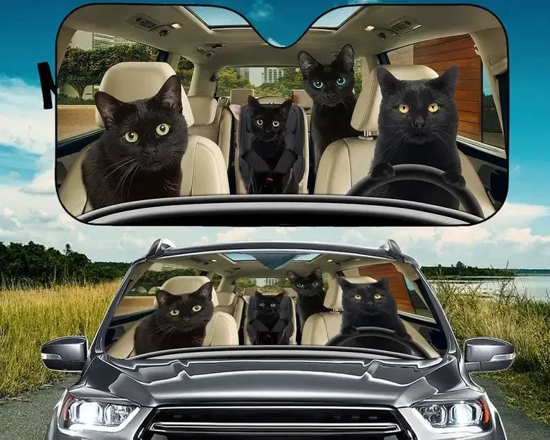 Black Cat Family Car Sunshade, Cats Auto Sun Shade, Car Auto Sun Shade Windshield, Accessories, Cat Love