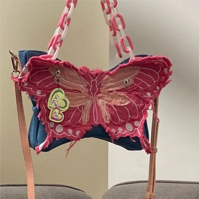 Denim Butterfly Color Block Ita Bag Women  Acrylic Large Capacity Chain Shoulder Bags Ladies Unique Shape Dopamine Underarm Bag