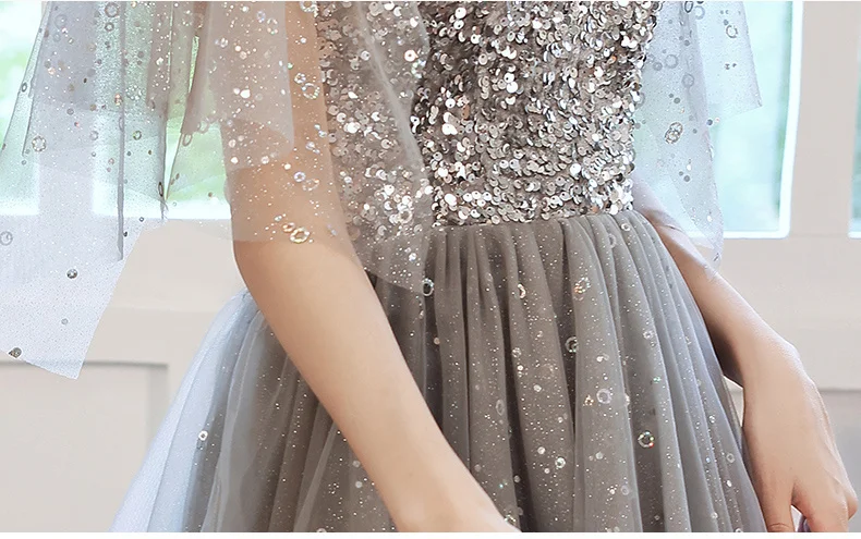 Elegant V-neck Evening Dresses 2021 A-line Floor-length Silver Gray Long Women Formal Gowns evening gowns