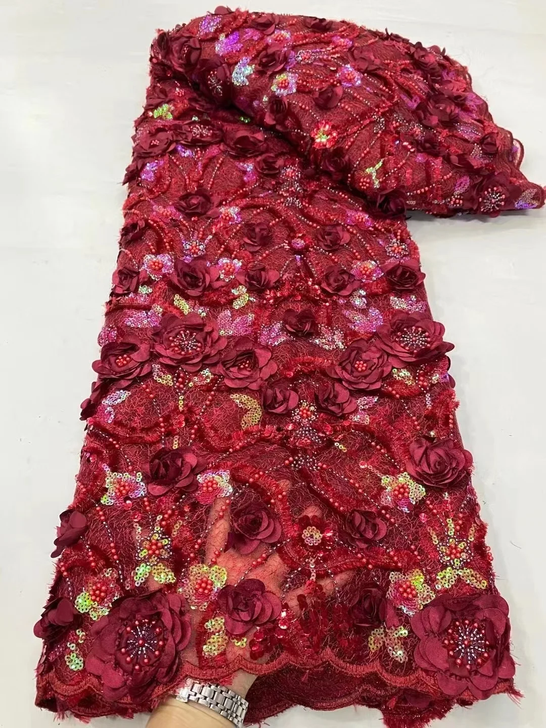 

3D французская кружевная ткань с цветами в красном цвете 2024 Высококачественная Кружевная Сетка африканская кружевная ткань с блестками кружевная ткань для свадьбы 5 ярдов