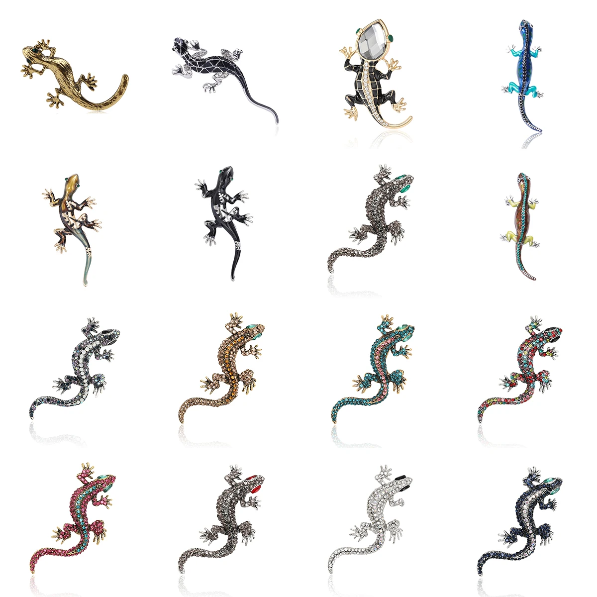 Broche lézard gecko vintage argentée avec yeux en rubis et strass - France