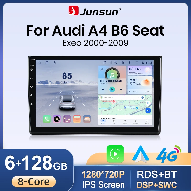 Radio para Auto Junsun Android 15 para Audi A4 B8 B7 B6 S4 RS4 2000-2009, Inalámbrico para Apple CarPlay, Pantalla IPS, Reproductor Multimedia Estéreo, Sistema Inteligente Automotriz, 2 Din, Autoradio, Unidad Principal, Navegación GPS, BT, 4G, WIFI, FM, AM, DSP, RDS, SWC, DAB+ 1