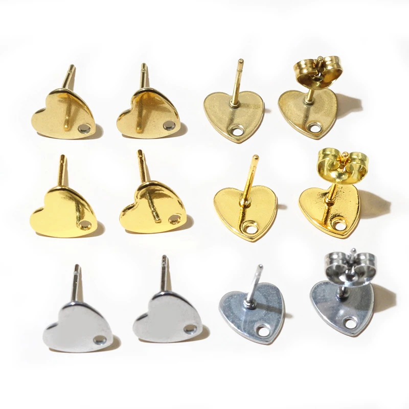 20pcs 8mm Herz 316 Edelstahl Gold Überzogene Pin Ergebnisse Stud Ohrring Mit Loch Stecker Für DIY Schmuck machen Liefert