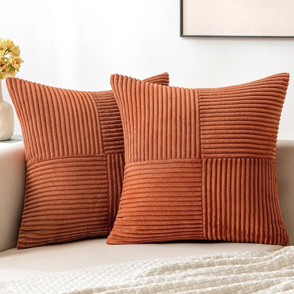 Rust Boho Throw Pillow Cover 18x18 Inch for Couch Bed Sofa Soft Corss Corduroy Patchwork Textured Terracotta Accent Cushion Case 1