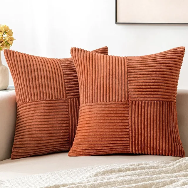 Rust Boho Throw Pillow Cover 18x18 Inch for Couch Bed Sofa Soft Corss Corduroy Patchwork Textured Terracotta Accent Cushion Case 1