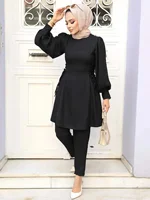 Ensemble 2 pièces pour femmes musulmanes, manches longues, à lacets, Y et pantalon, Turquie Abaya, tenues islamiques solides, caftan arabe, survêtement 5