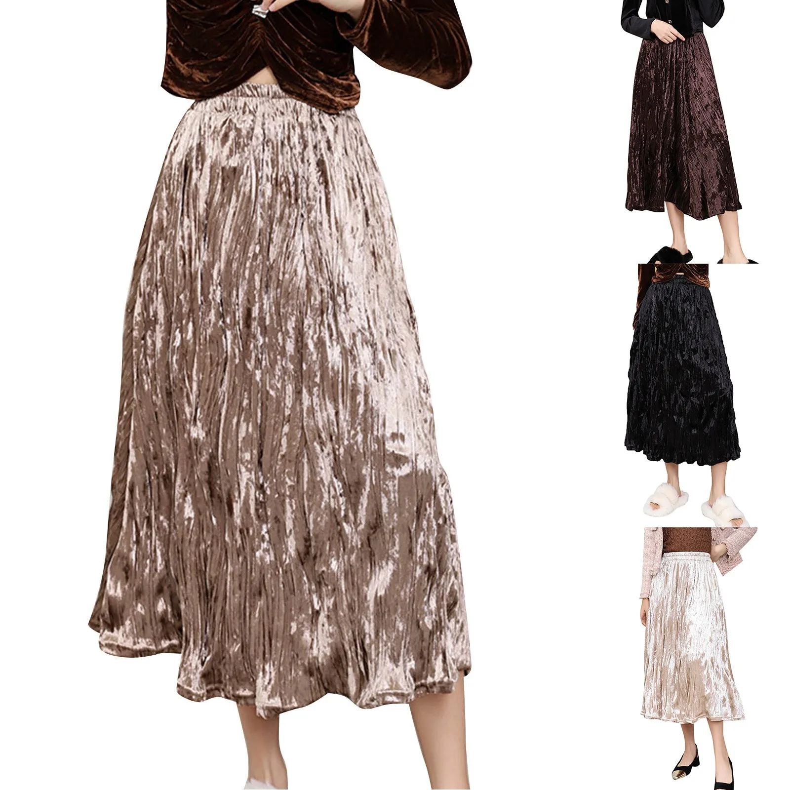 

2023 Women's Long Maillard Fall Skirt Elegant High Waist Cocktail Party Wedding Flared A Line Midi Jean Stretch Skirts for Women