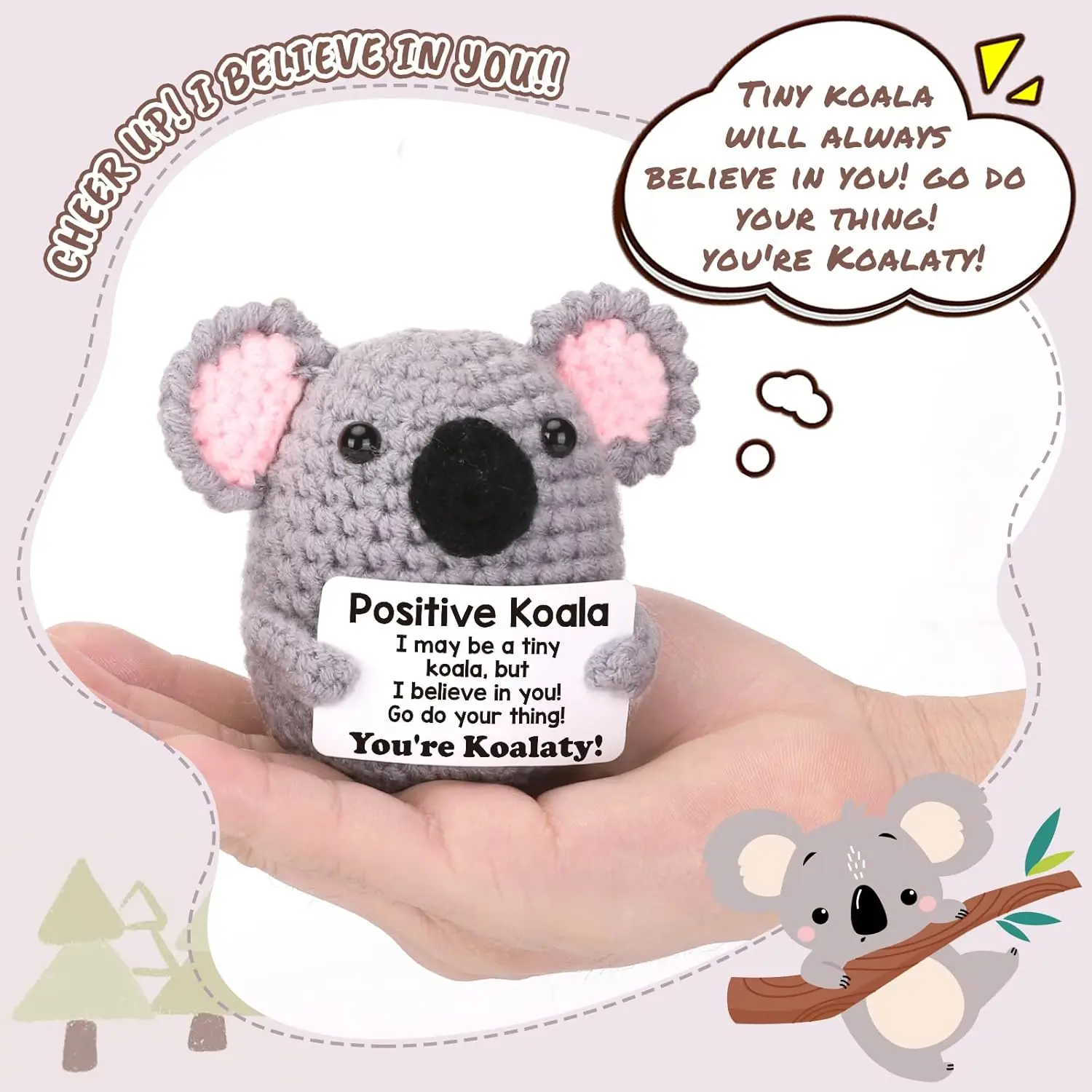 Whimsical Crochet Koala Doll with Inspirational Card - Handmade Knitted Animal Home and Office Decor Gift