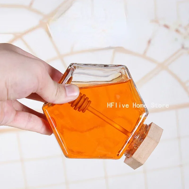 Hexagonal Glass Honey Bottle Wooden Stirring Rod Honey Packaging Bottle 110/220/380ML Small Honey Bottle Container Jar 2