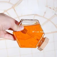 Hexagonal Glass Honey Bottle Wooden Stirring Rod Honey Packaging Bottle 110/220/380ML Small Honey Bottle Container Jar 2