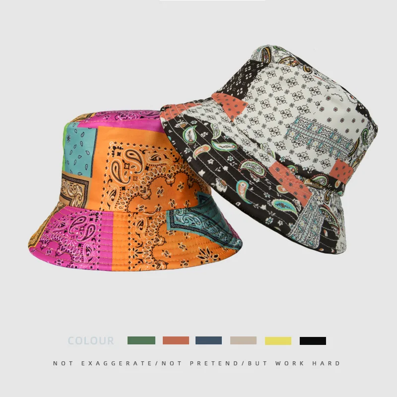 

Bandana Print Bucket Hat for Men Women Cashew Flower Printed Fisherman's Hat Fashion Foldable Basin Cap Double-sided Sun Hat