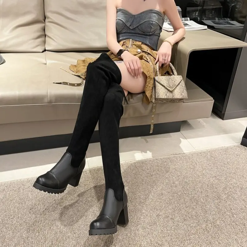 New Faux Suede Female Heels Autumn Zipper Elastic Knee-high Boots for Women Tube Lace-up Thigh Gigh Boots Black Botas Mujer 2024