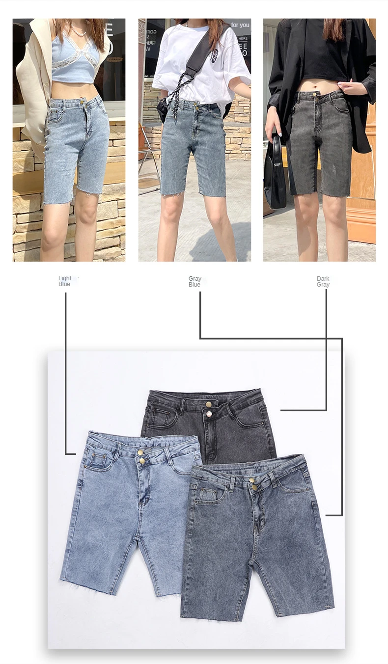 Summer Plus Size Black Tassel Stretch Jean Shorts Women Denim Knee-Length Pants Blue Jeans Casual High Waist Shorts Streetwear leather shorts