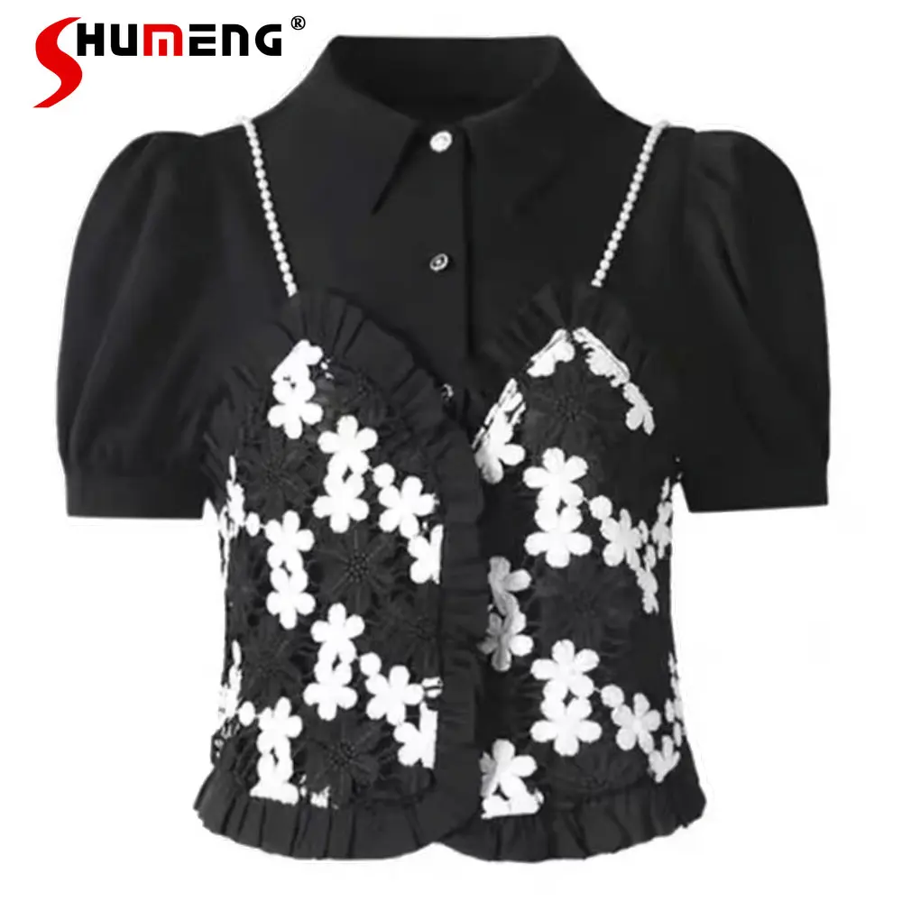 

French Style Puff Sleeve Fake Two-Piece Floral Short Top Summer Women's Unique Design Sense Niche Short Sleeve Chic Shirt
