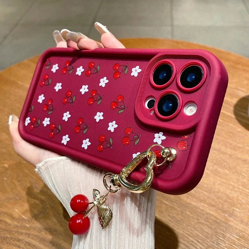 Red Cherry Pattern Silicone Phone Case with Chain Cover