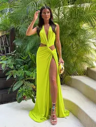 Women's Hollow Out Knot Split V-neck Maxi Dress Sleeveless Pleated Irregular Dresses Chic Ladies Beach Highstreet Vestidos