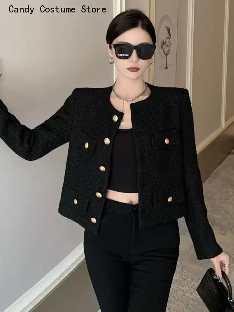 Woolen Short Coats Streetwear Outwear Crop Top Fall Winter French Vintage Small Fragrant Tweed Jacket Coat Women Elegant Casual