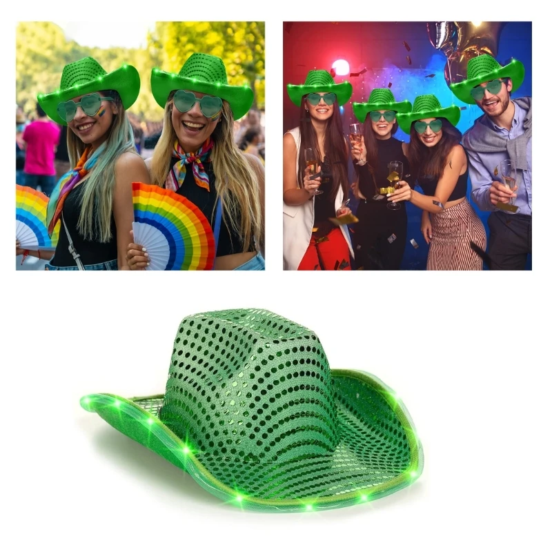 

Patrick Illuminated Cowboy Hat with LED Wide Brim Bride Green Sequins Fedoras Hat for Outdoor Photoshoots Supplies